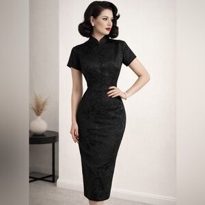 Black vintage dress style cheongsam qipao tone-on-tone jacquard pattern buttons